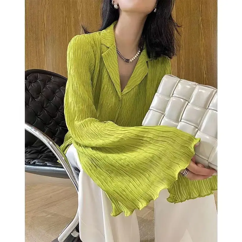 

Элегантная зеленая блузка с расклешенными рукавами, Женская винтажная плиссированная рубашка для женщин, дизайнерская Весенняя Модная рубашка на пуговицах 2022