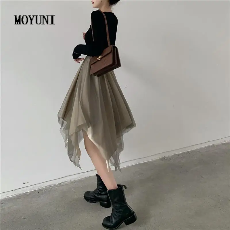 

Patchwork Fake Two Piece Hollow Black Dress Slim High Waist Temperament Fairy Irregular Mesh Dresses Long Vintage Vestidos