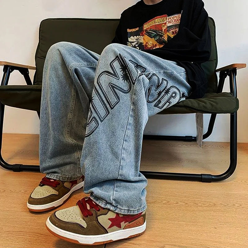 Men's Brown Y2K Clothes Printed Jeans Men Baggy Destroyed Jeans Denim Straight Trousers Wide Leg Pants Streetwear Y2K For Men