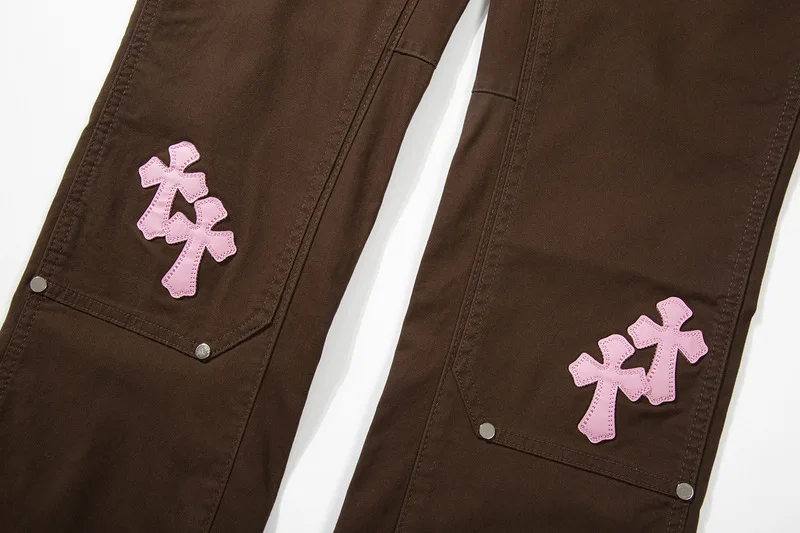 Cross Patch Embroidery Denim Pants Mens High Street Casual Jeans Streetwear Straight-leg Pants Trousers Men