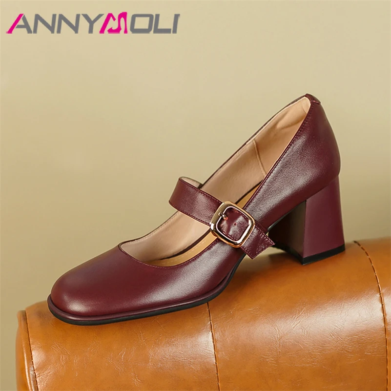 

ANNYMOLI Mary Janes Shoes Women Genuine Leather Chunky Heels Pumps Square Toe Buckle Strap High Heel Lady Footwear Spring Red