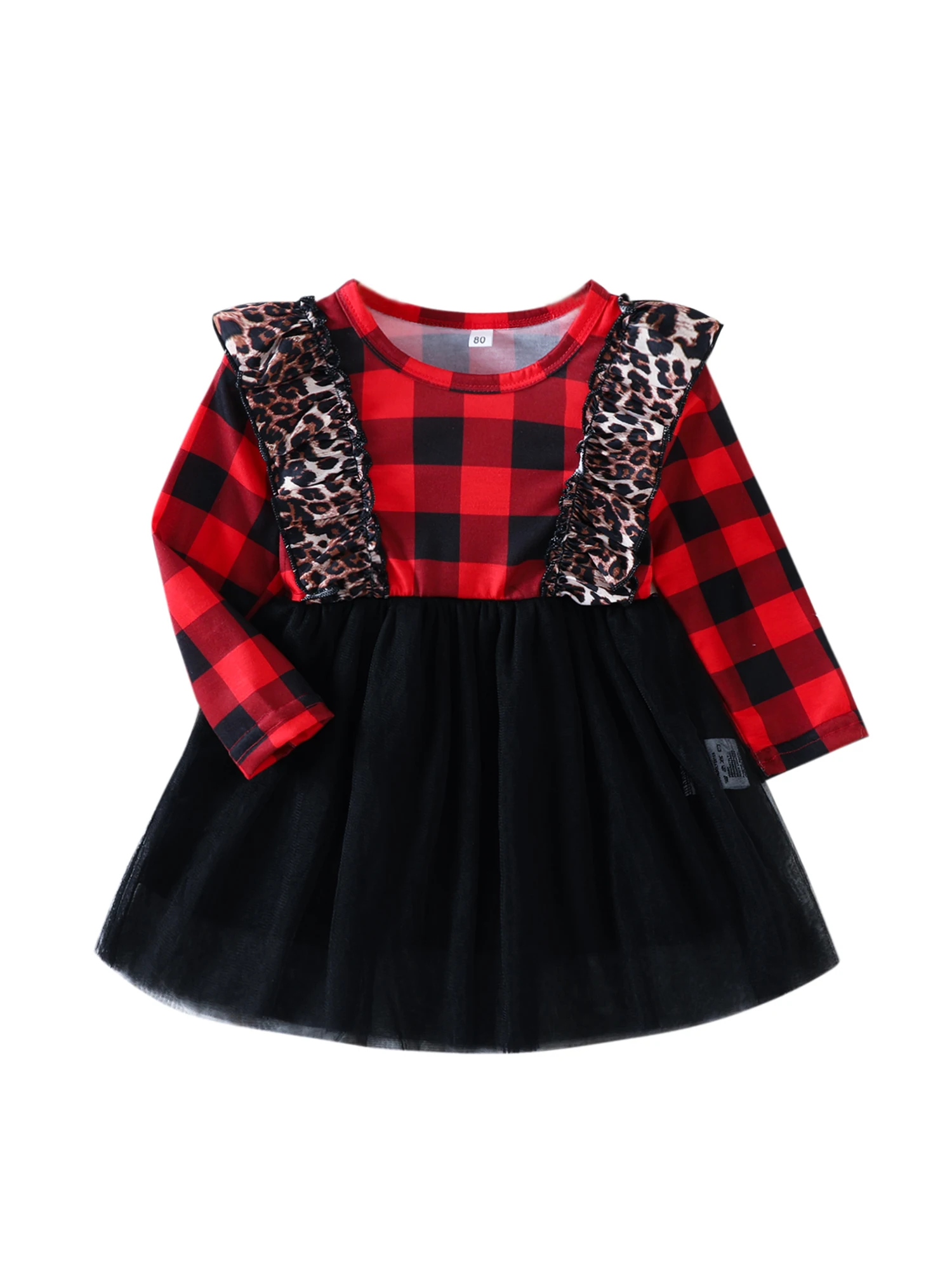 

Caoirhny Baby Girls Kids Christmas Dress Plaid Leopard Print Round Neck Long Sleeve Ruffle Mesh Patchwork for Girls