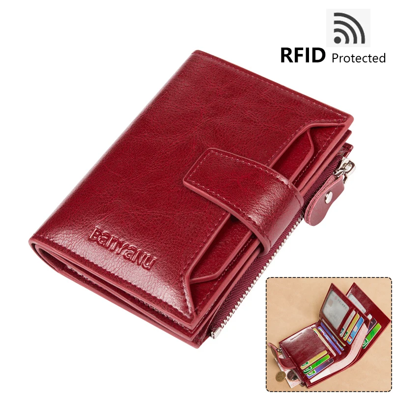 Genuine Leather Wallets for Women Red Money Purses Zipper RFID Short Womans Small Card Holder Coins Purse Luxury Clutch Wallet