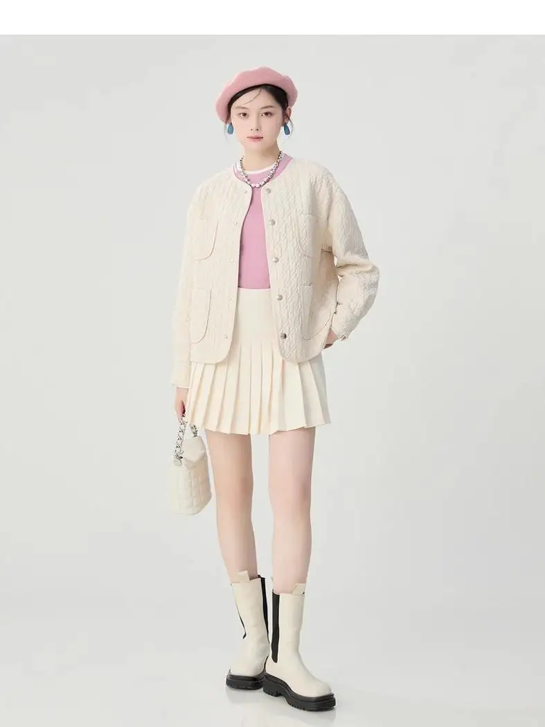 Girdear Amashi Zheng 2024 осенне-зимняя одежда с карманами и круглым вырезом хлопковая