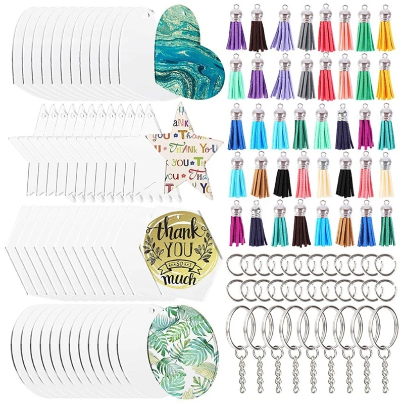 

160Pcs Acrylic Keychain Blank Colorful Tassel Metal Decoration for KEY Rings with Extension Chain 40 Small Rings for DIY Project
