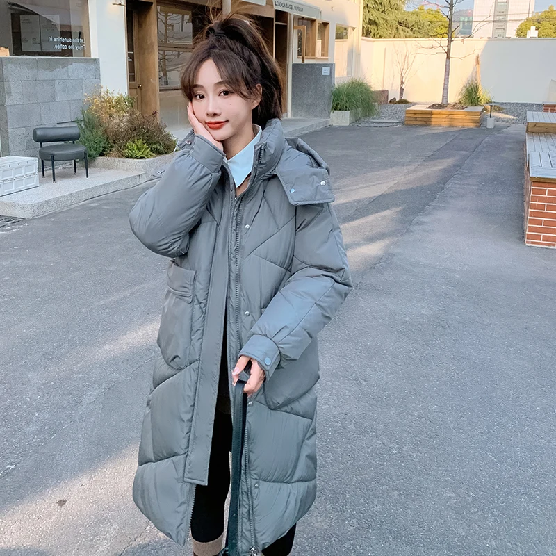 Women's Autumn Winter Solid Color Hooded Jackets Rhombic Lattice Loose Coat Medium Long Parka for Fashion Parkas Jackets