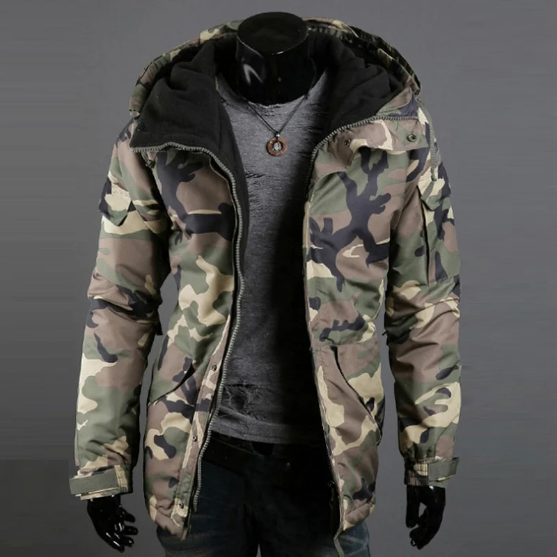 

Men Autumn Thick Warm Coat Fur Windbreaker Jacket Men Camouflage Print Pocket Jacket Zipper Long Sleeve Coat