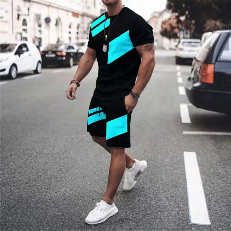 Sportswear Oversized Men's Sets Summer Patchwork Tracksuit Men New Fashion Casual Short Sleeves T-Shirt+Shorts 2 Piece Set Male