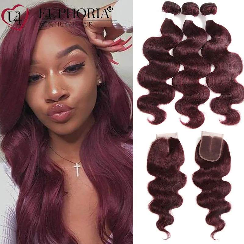 

99J Body Wave Brazilian Remy Human Hair 3/4 Pcs Bundles With Closure 3 Bundles With 4x4 Lace Closure Brown Blonde 27 EUPHORIA