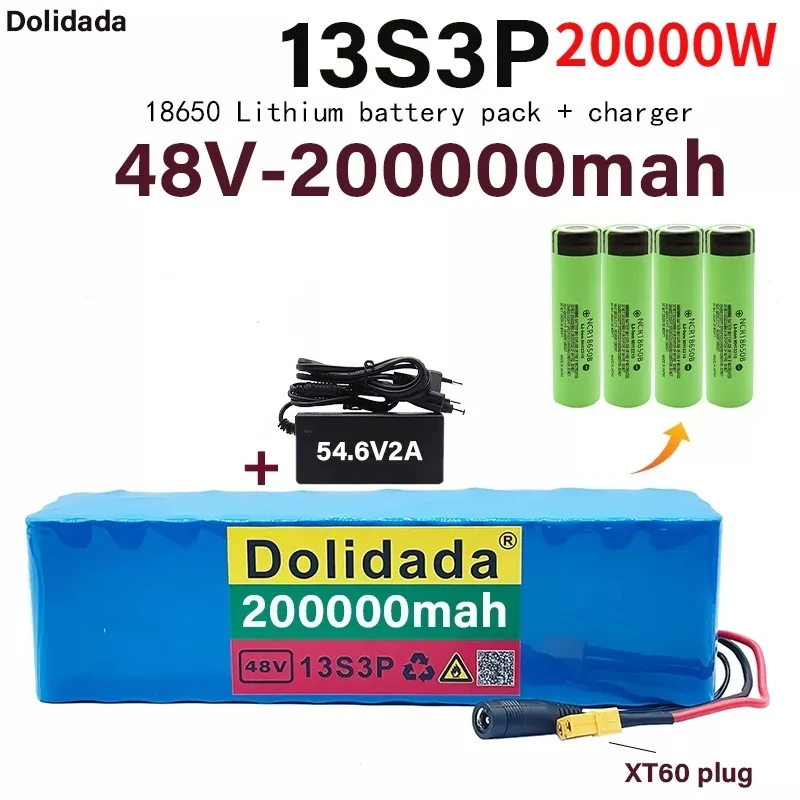 

Batterie 13S3P XT60 Lithium-ion 48V 200000mAh 20000W pour vélo électrique 54.6V, avec BMS intégré et chargeur inclus
