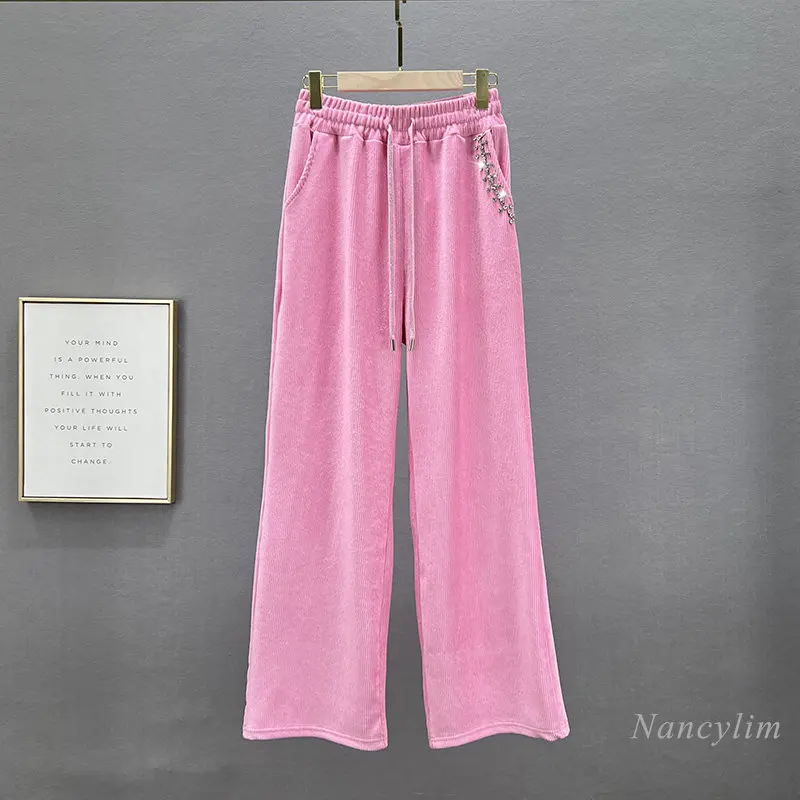 Fashion Diamond-Embedded Wide-Leg Pants for Women 2023 New Spring High Waist Loose Ins All-Matching Casual Trousers Pink White