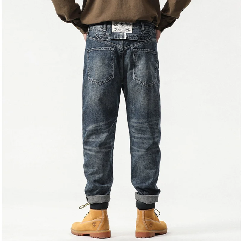 Streetwear Men 2022 New Pattern Recreational Vintage Broad Leg Blue Jeans Straight Cylinder Large  Loose Trousers Autumn Female