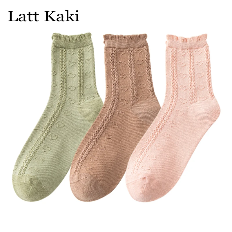 

3 Pairs Socks Women's New Summer High Quality Cute Solid Color Long Cotton Socks Breathable Heart Girls Frilly Crew Socks Female