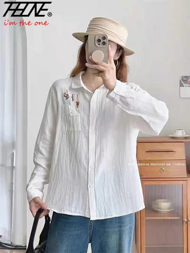 Женская блузка-рубашка с длинным рукавом и вышивкой