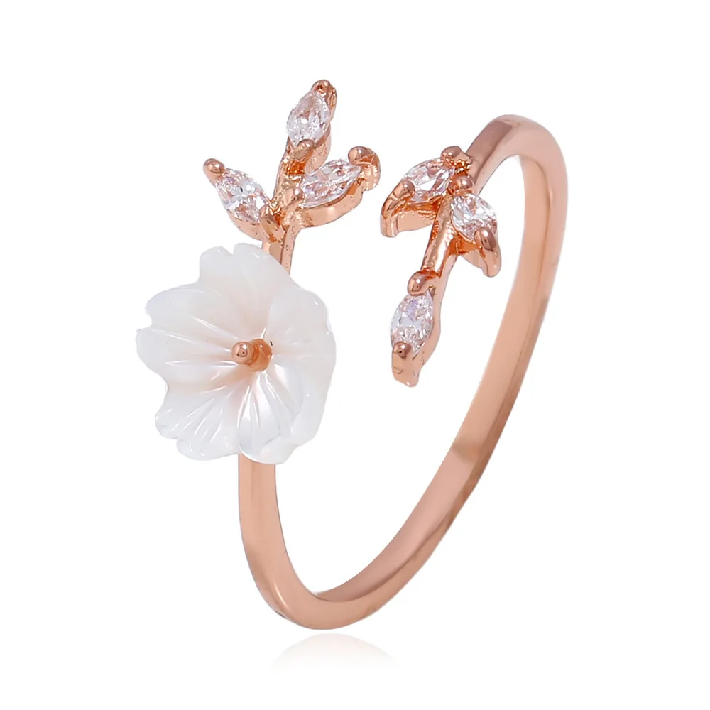 

New Fashion Korean Crystal Shell Flower Design Adjustable Opening Finger Rings For Women Wedding Party Jewelry Accessories Gifts