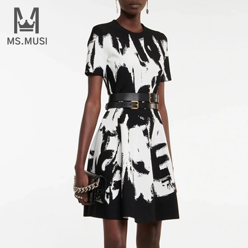 MSMUSI 2022 New Fashion Women Black And White Printing O Neck Short Sleeve A-Line Dress Elegant Party Knee Length Mini Dress