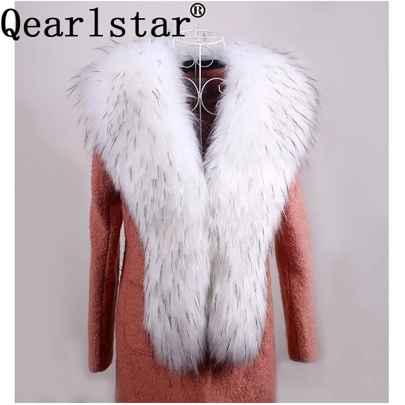 Qearlstar 2019 Супер роскошный шарф из искусственного меха енота 160*20 см Украшение зимней куртки пальто Утолщение теплые обертки шали воротник ZKG10 вкл.