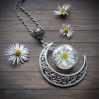 daisy moon necklace real flower necklace crescent moon necklace botanical jewellery terrarium jewellery friendship gift