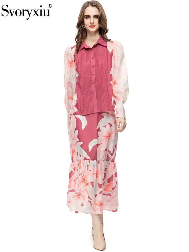 

Svoryxiu Summer New Fashion Floral Print Midi Skirt Suit Women's Lantern Sleeve Shirt + High Waist Fishtail Skirt 2 Pieces Set
