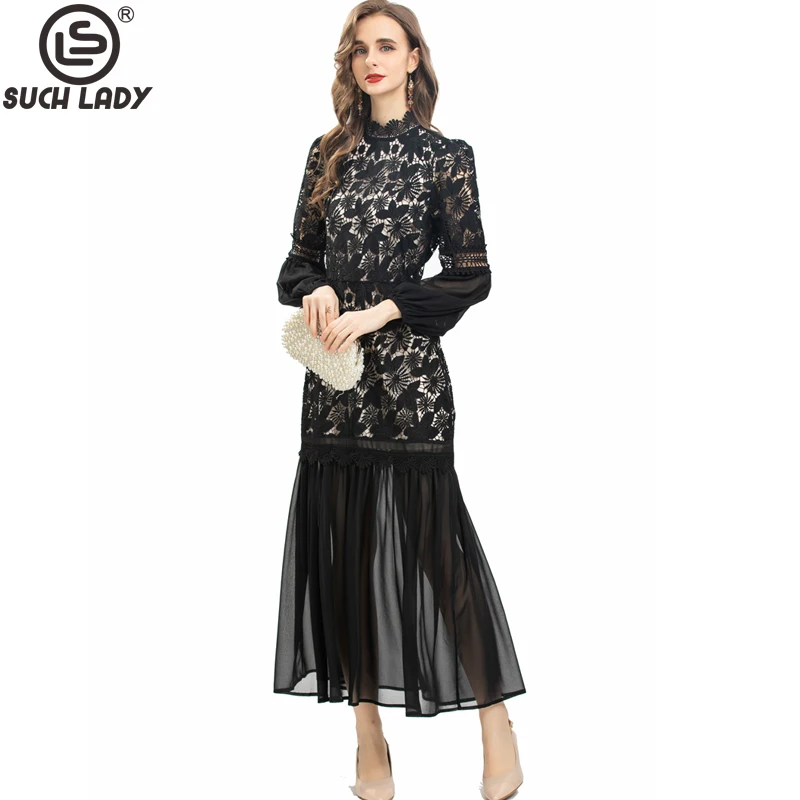

Women's Dress O Neck Long Sleeves Embroidery Lace Drop Waist Ruffles Elegant Fashion Vestidos