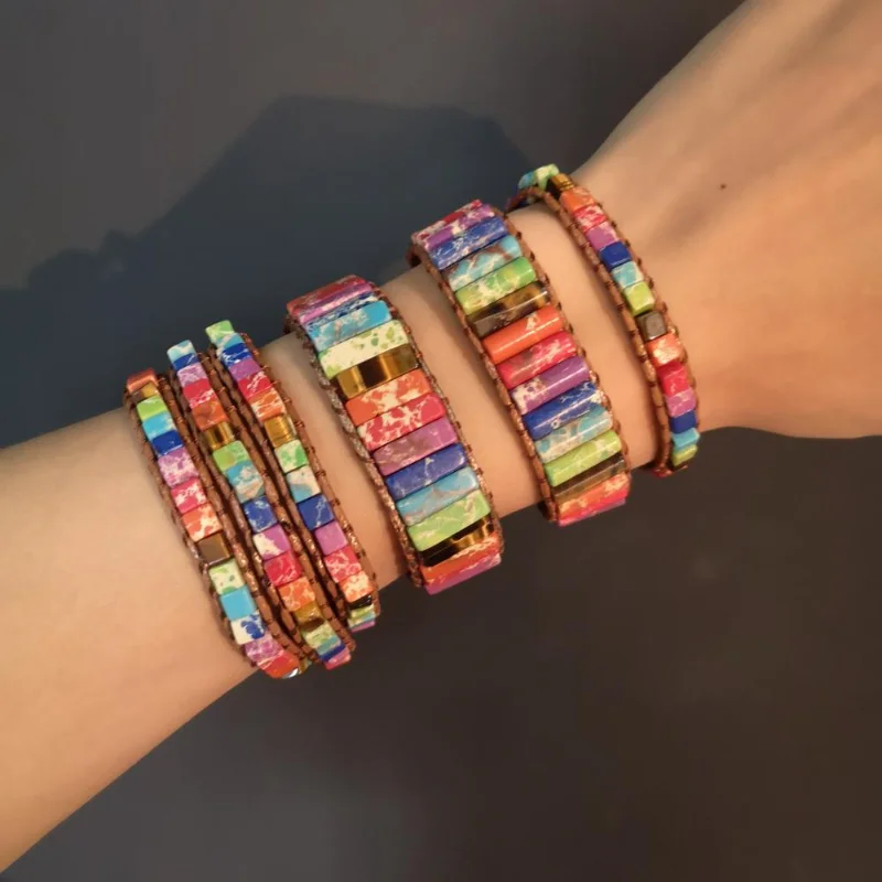 

Rainbow Chakra Bracelet Jewelry Handmade Multicolor Natural Stone Tube Beads Leather Wrap Bracelet Couples Bracelets Gifts