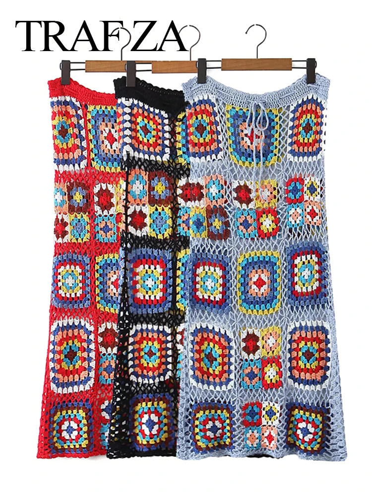 

TRAF ZA Vintage Crochet Black Skirt Bright Flowers Drawstring A-line Fashion Elegant Slit Chic Chinese Style Skirt Women Street