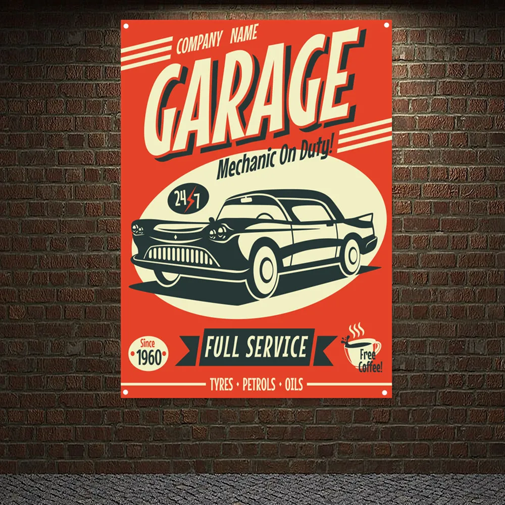 

MECHANIC ON DUTY Vintage CAR FULL SERVICE Wall Art Banner Flag Auto Repair Shop Poster Wall Painting Garage Home Decor Stickers