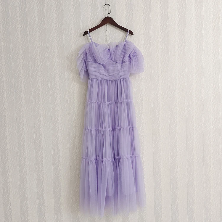 Purple Color  Off  Shoulder Strapless  Beading  Women Mesh Dress Elegant Folds Ladies Fashion Party Long Dresses Vestidos