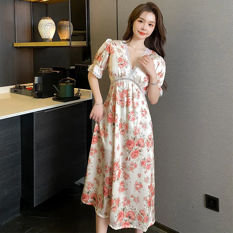 Sexy Nightdress Pajamas Women Summer Ice Silk Ssatin Short Sleeve Long Skirt Chest Pad Thin Senior Home Clothes Free Shipping