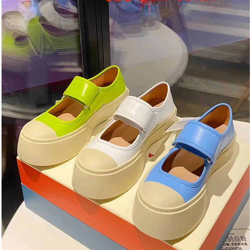 

2023 Europe And America Mary Jane Shoes Women's Platform Hook And Loop Platform Increased Big Leather Casual Shoes.