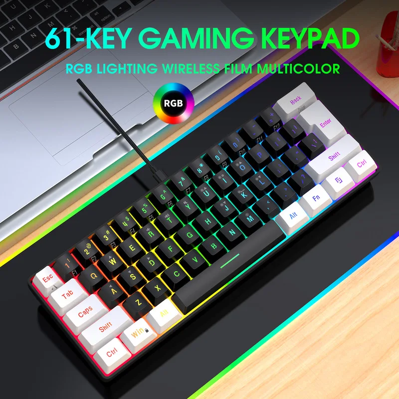61-Keys Gaming Membrane Keyboard Rgb Backlit Lighting Wired Keyboard Ergonomic High And Low Keys Computer Peripherals Gifts Kids