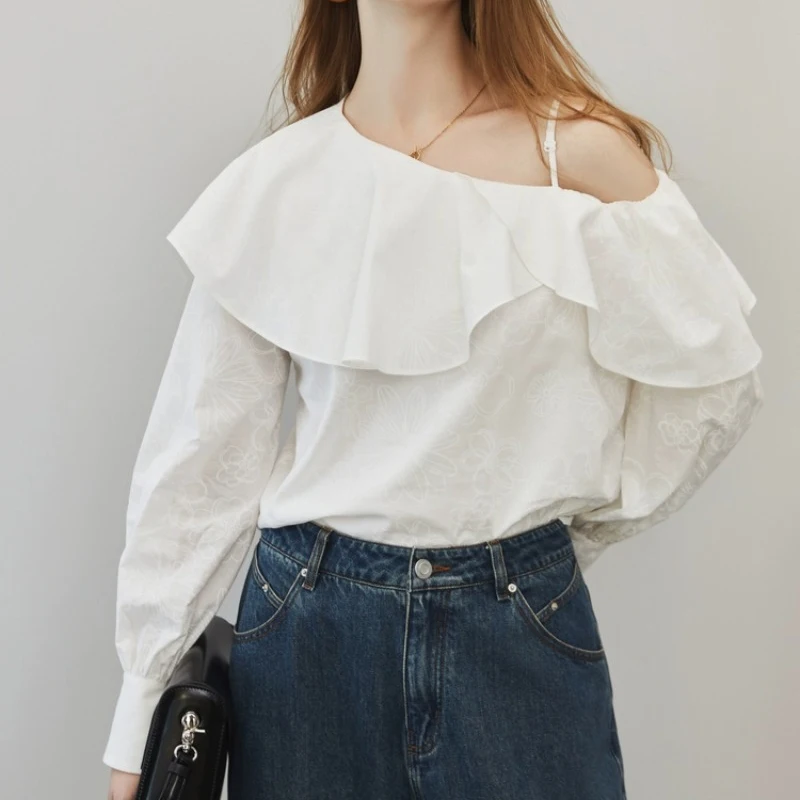 Милая белая рубашка с оборками для женщин Новинка осени 2024 шифоновая блузка
