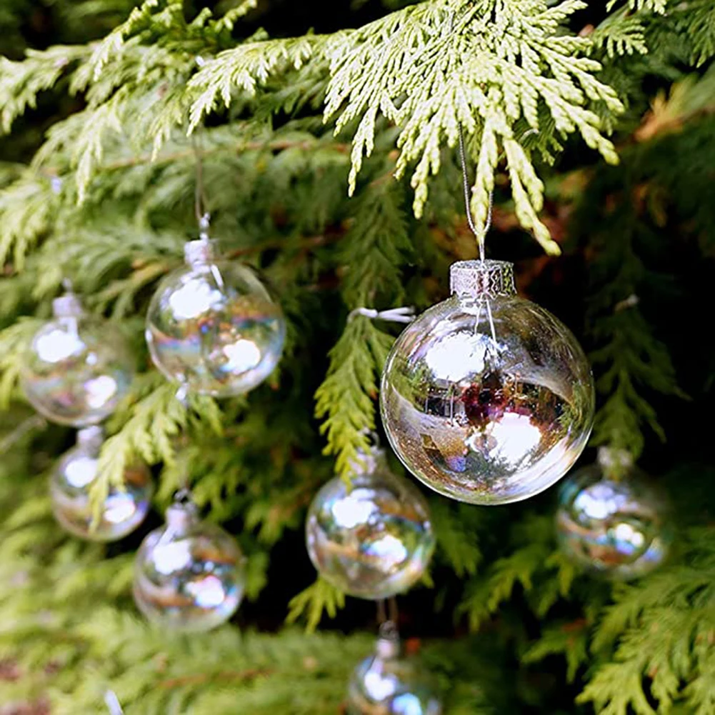 

Transparent Christmas Tree Ornament 12Pcs Clear Plastic Balls with Silver Cap Top Iridescent Glass Baubles Balls