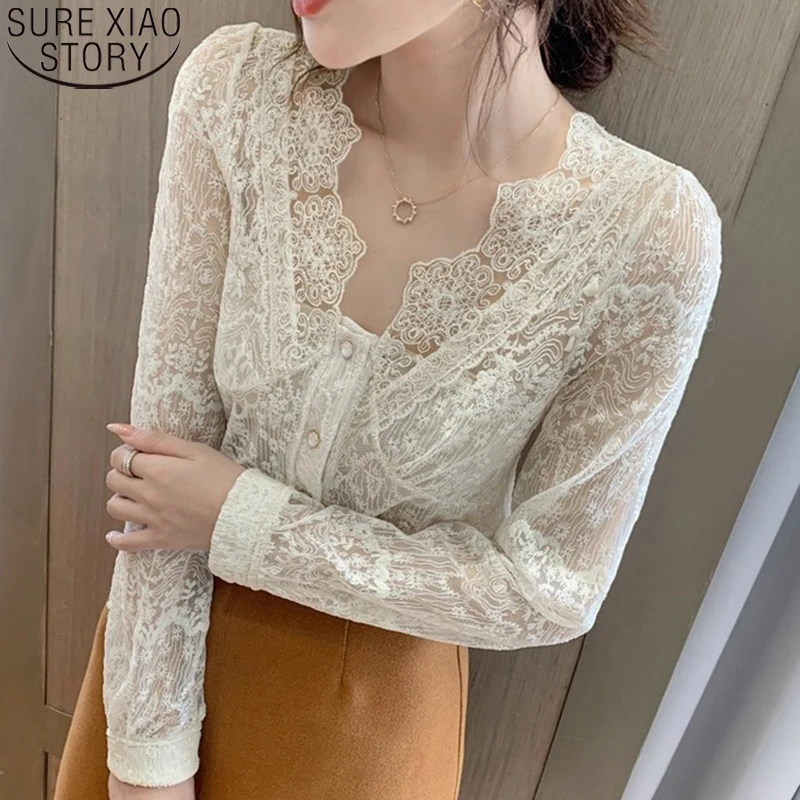 

Женская винтажная кружевная блузка с цветочной вышивкой, Повседневная Элегантная блузка с длинным рукавом и V-образным вырезом, 12286
