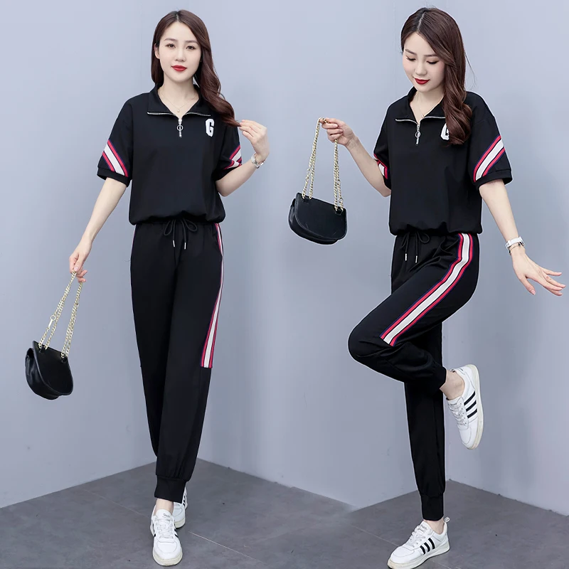 

Summer Casual Cotton Tracksuit Two Piece Sets For Women Fashion 2023 Elegant Short Sleeve Wide Leg Trousers High Quality Suit