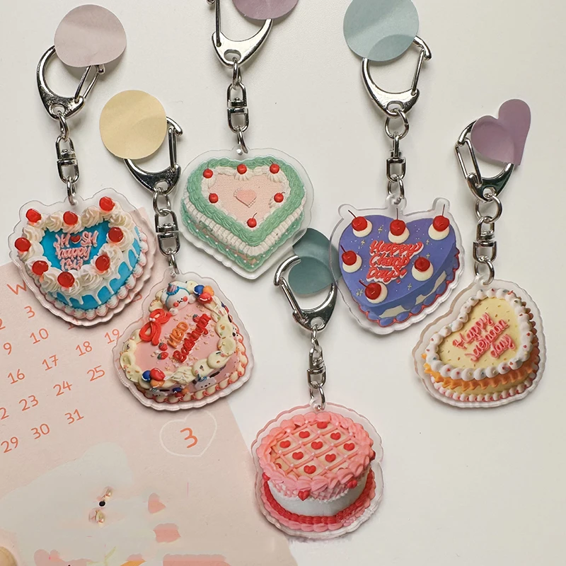 

1Pcs Ins Vintage Colored Keychain Birthday Cake Key Holder Acrylic Kawaii Backpack Decorative Pendant Car Toy Gift