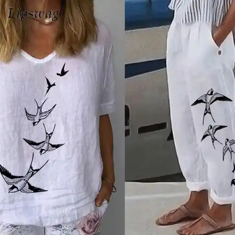 Women Casual Pattern Print O-Neck Tops Suit Vintage Cotton Linen Two-Piece Set Fashion Short Sleeve Tee Shirt And Pants Outfits