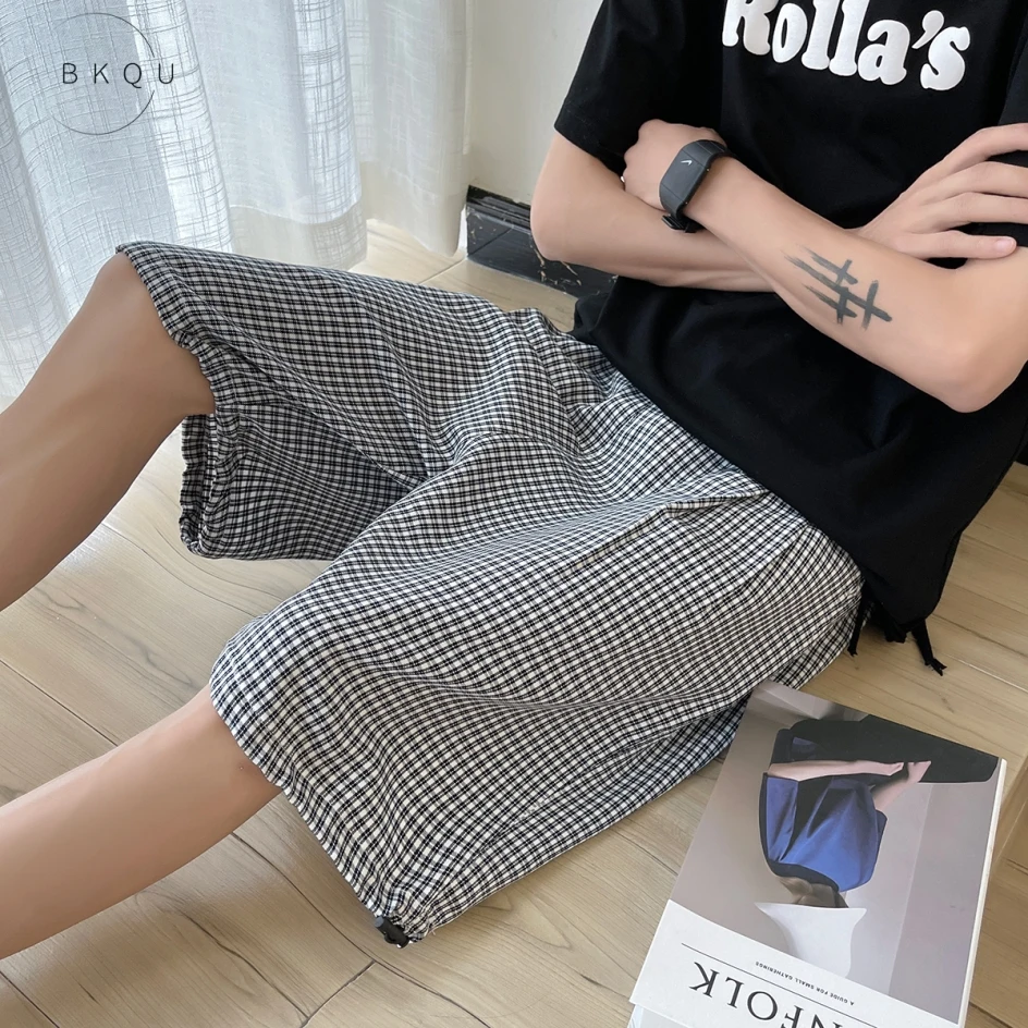 

BKQU Plaid Shorts Male The Niche Ins Popular Logo Design Feels American High Street Leisure 5 Minutes Of Pants