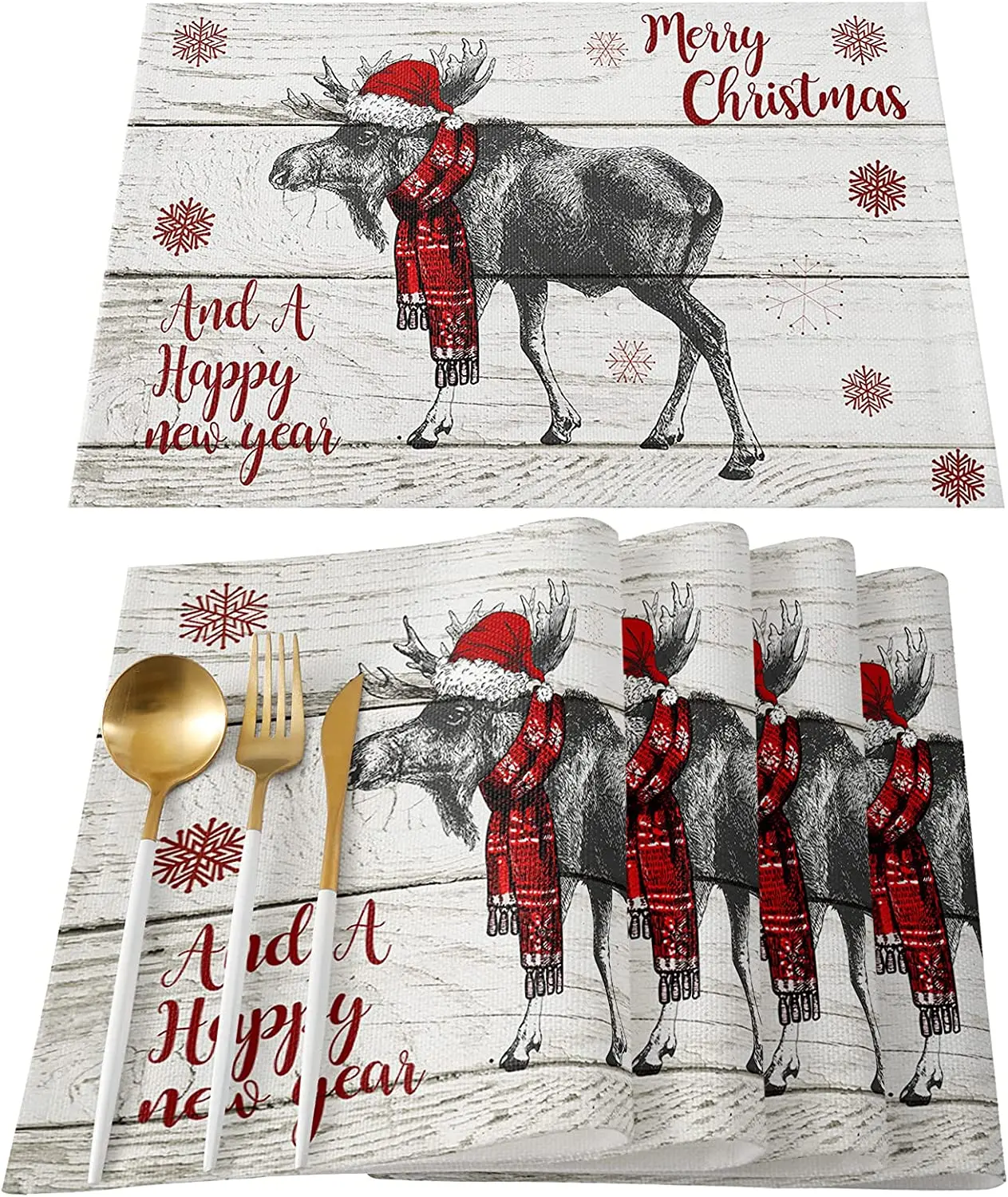 

Placemats Set of 4 Merry Christmas Reindeer with Xmas Hat and Scarf Retro Wood Planks Non Slip Place Mats Washable Place Mats