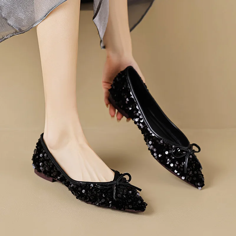 

Women's Shoes 2023 New Style Bow Sequin Design Work and Party Wear Ladies Casual Flats Pointed Boat Shoes Zapatos Para Mujeres
