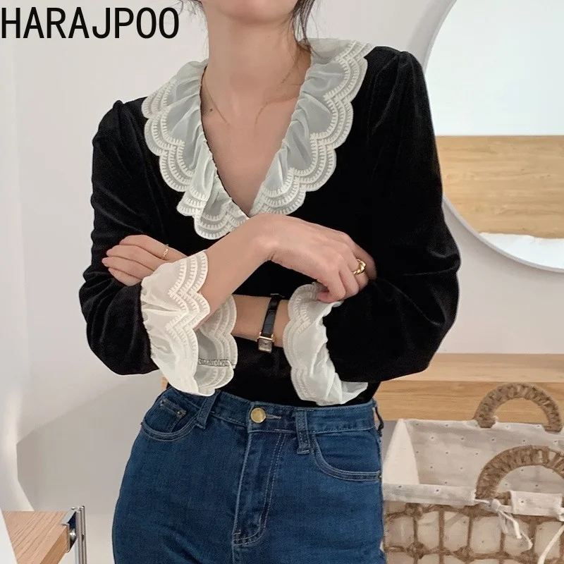 Женская бархатная рубашка Harajpoo черная однобортная блузка во французском стиле