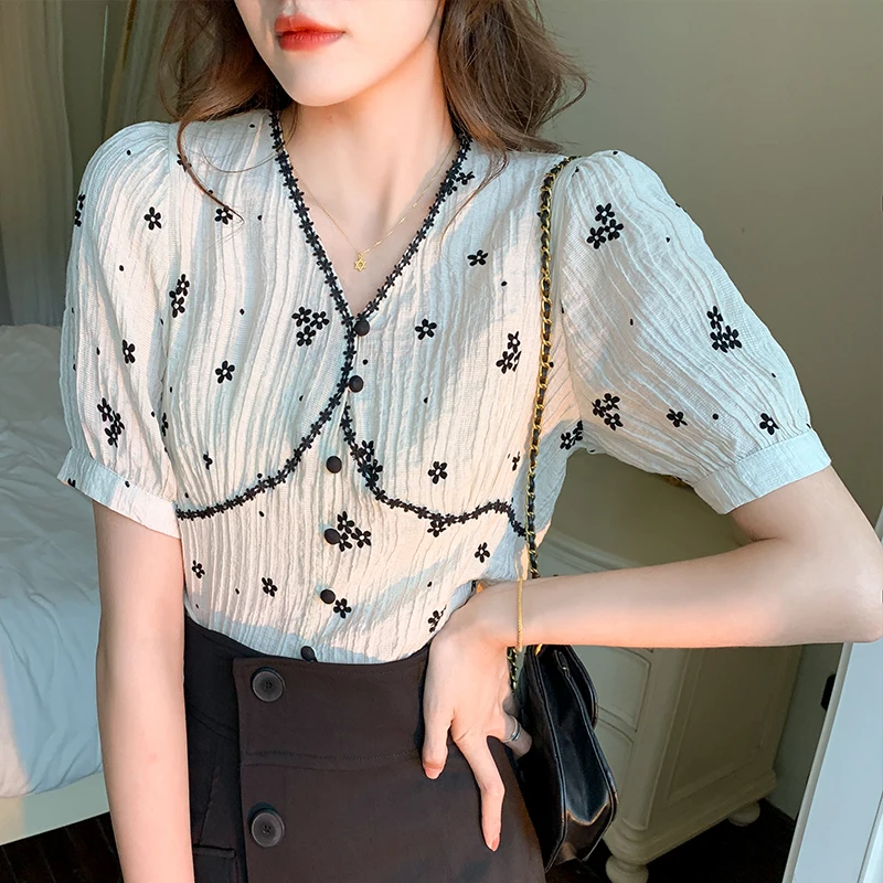 

Summer Women's Short Sleeved V-neck French Bubble Sleeve Printed Patchwork Shirt Blusas De Mujer Women Tops Blouse Women C878