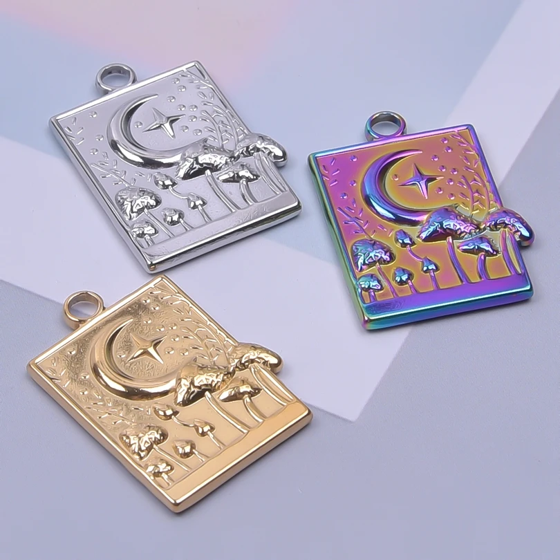 

3pcs Mix Lucky Rectangle Tag Mushroom Star Moon Bulk Charms For Jewelry Making Supplies Geometry Luna Stainless Steel Pendants