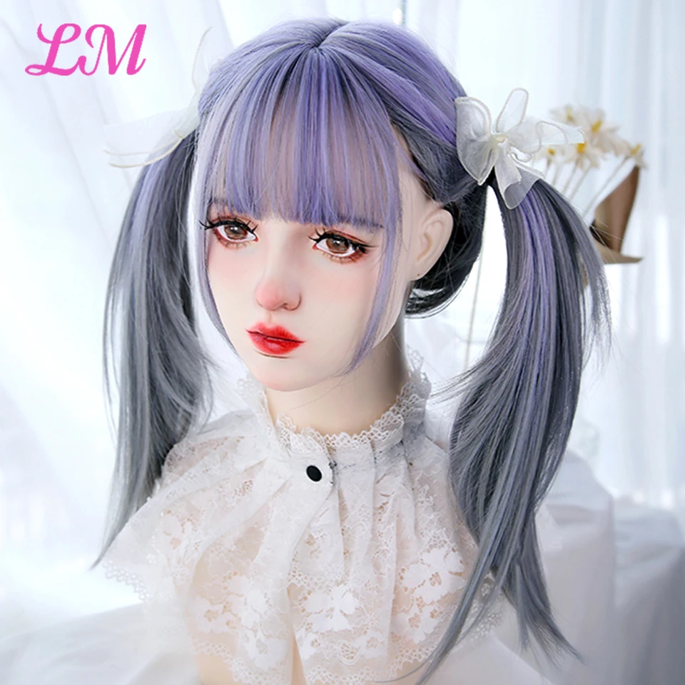 

LM Long Black Mixed With Purple Synthetic Wig Cosplay Lolita Harajuku Wig With Bangs Natural Wavy Halloween Red Daily Wigs