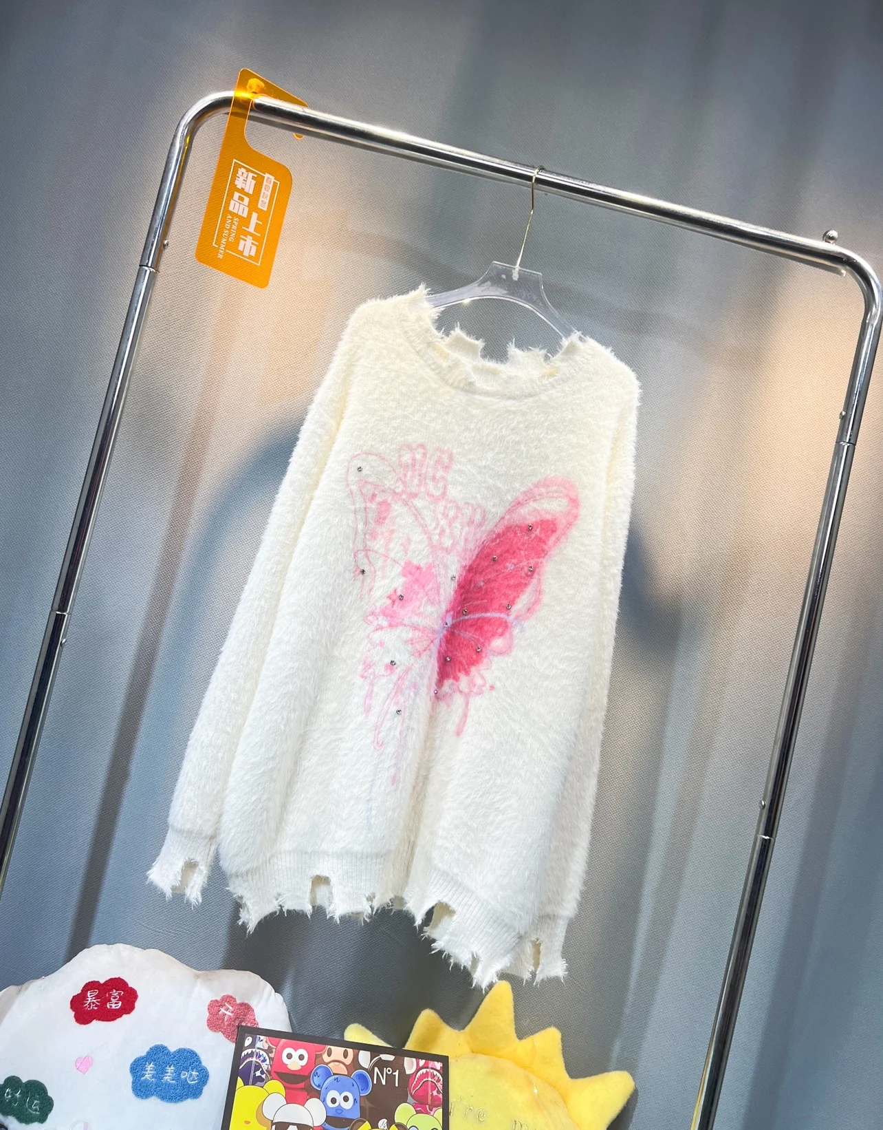 

Женский мохеровый свитер Lazy Wind, Свободный пуловер средней длины со стразами и бабочками, повседневный трикотажный джемпер, Осень-зима