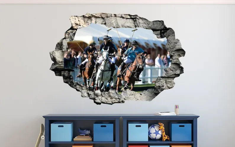 

Polo Sport Horseback 3D Wall Decal Smash Effect - Broken Wall Sticker - Vinyl Wall Decor - Decals for Walls - Stickers 3D Effect