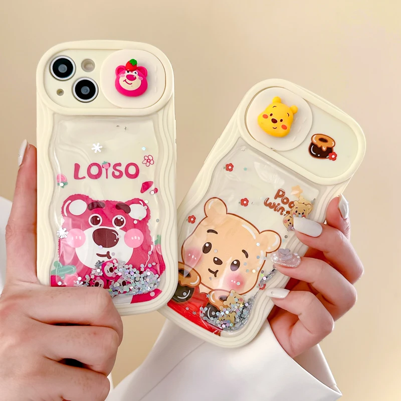 

3D Disney Winnie-the-Pooh Sliding Window Phone Cases For iPhone 14 13 12 11 Max Glitter Quicksand Anti-fall Cover