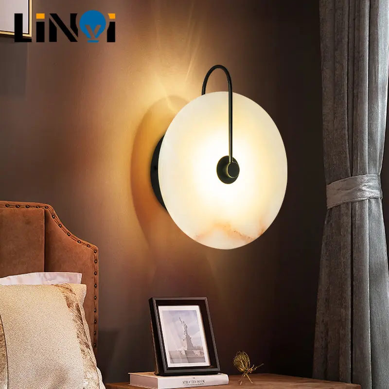 

Stone Wall Lamp Natural Marble Lampshade Metal Base Indoor Interior Wall Lights Chinese Style Living Room Dinning Room