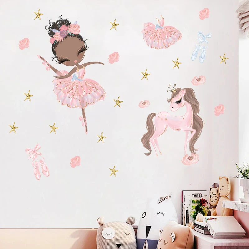Fairy Princess Unicorn Wall Stickers for Children Kids Rooms Girls Baby Room Bedroom Decoration Nursery Wallpaper Ballet Dancers images - 6
