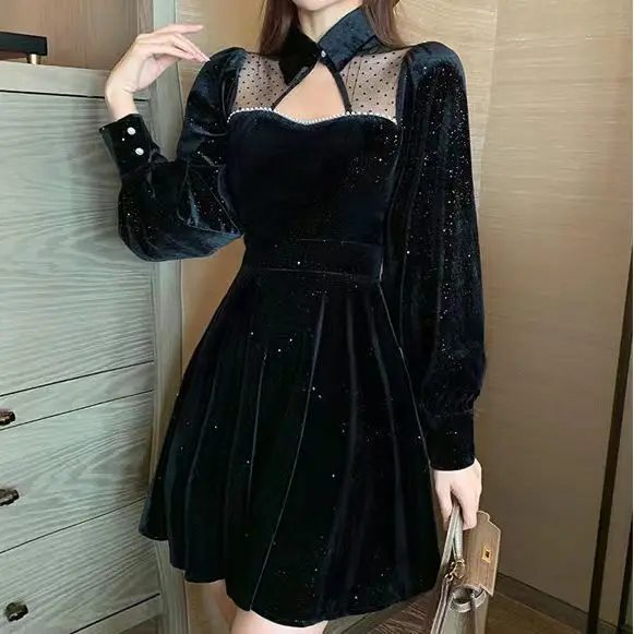 

New Year Christmas Party Sexy Night Dresses Hot Sale Women Winter Spring Basic Wear French Style Little Black Bling Velvet Dress